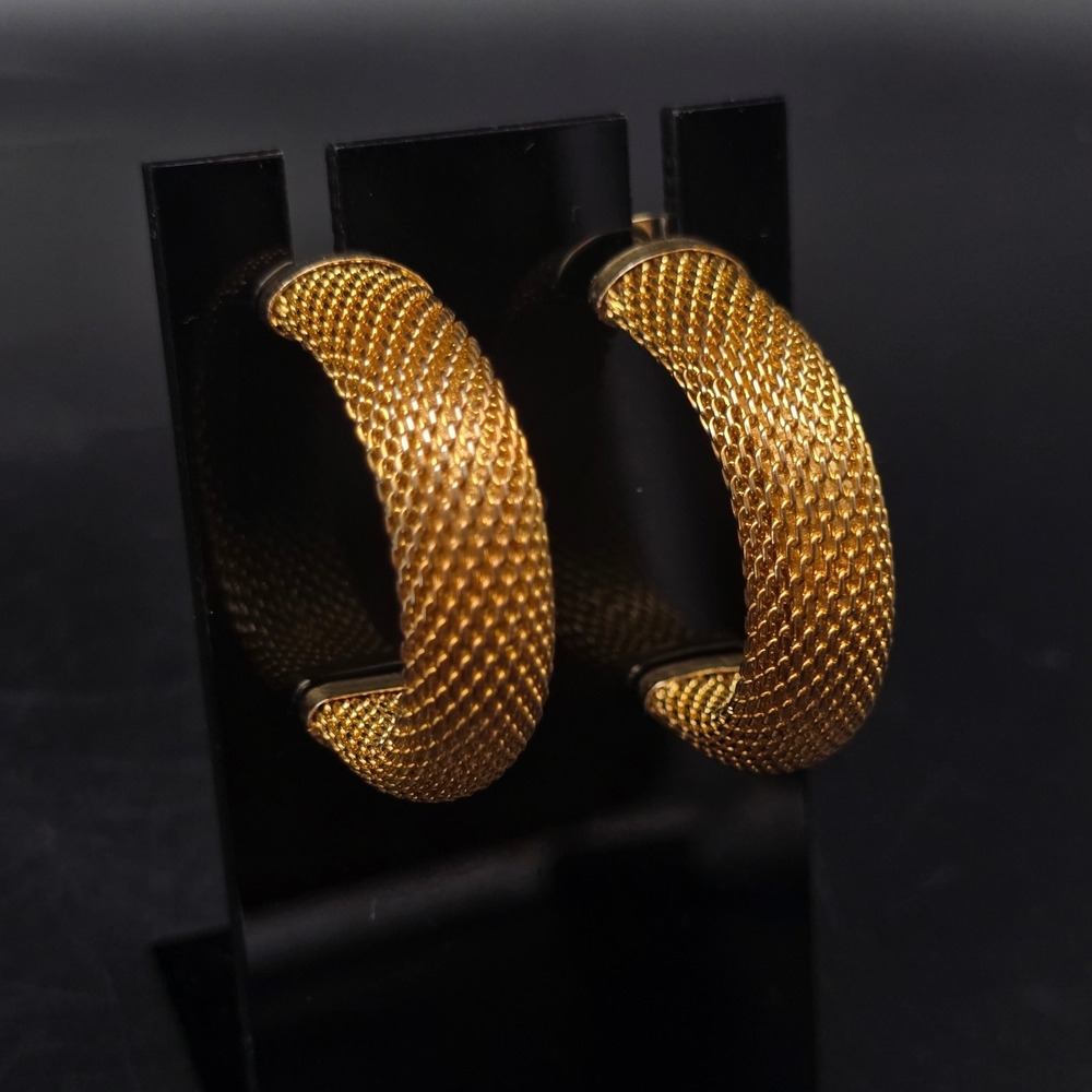 Gold Tone Mesh Half Hoop Earrings Pierced Vintage Costume Jewelry